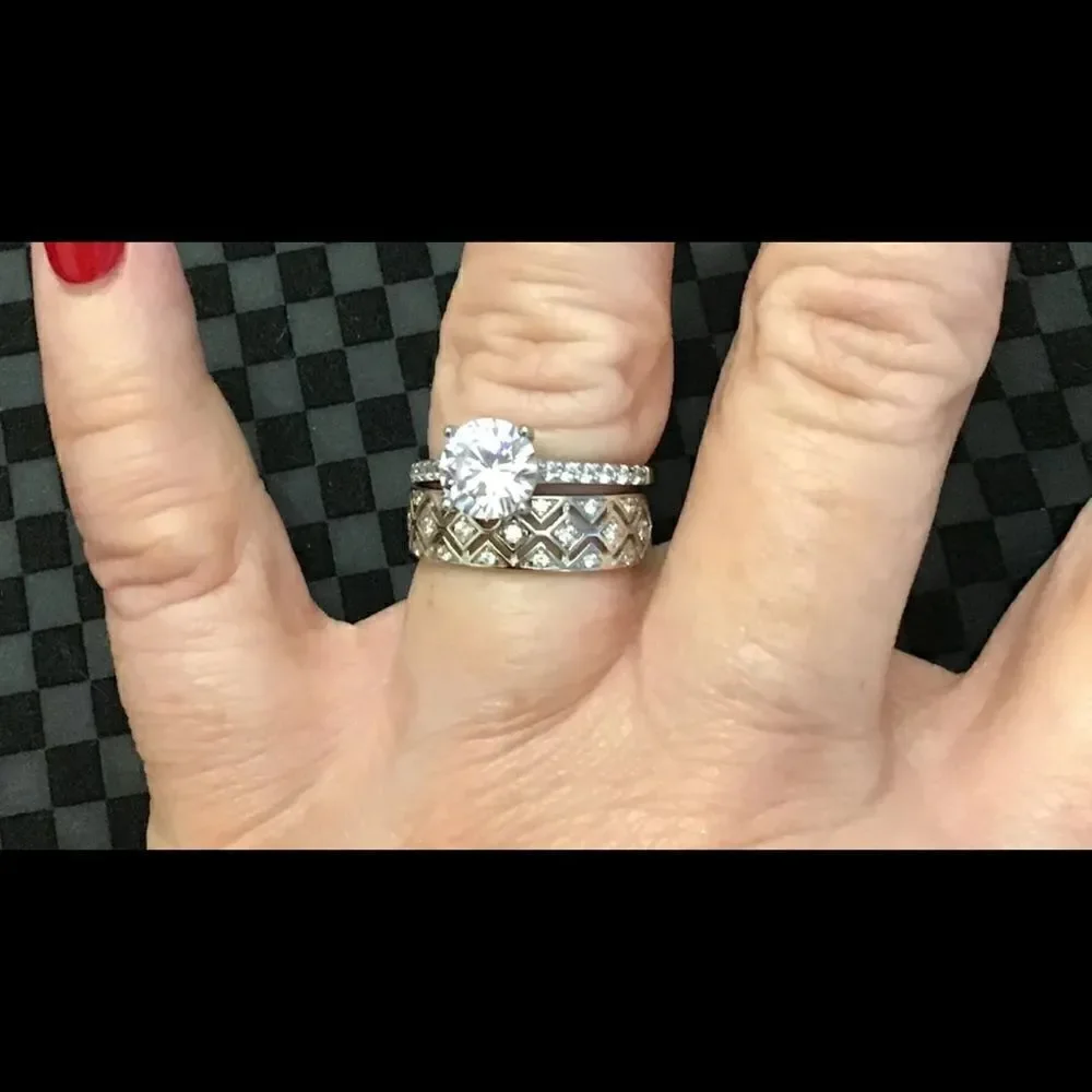 2.7Ct Round & Baguette V Design Band Ring Sz 8